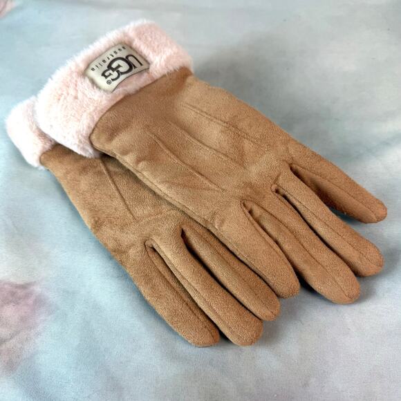 UGG Australia Tan Fleece Lined Faux Fur Cuff Gloves - Picture 1 of 5